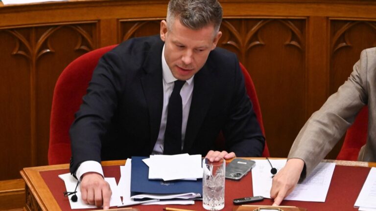 Hungarian Prime Minister Péter Magyar (L) and Foreign Minister Anita Orbán (R not pictured) vote with other members of parliament in the main hall of the Parliament on June 23, 2026, during an extraordinary session of the National Assembly.