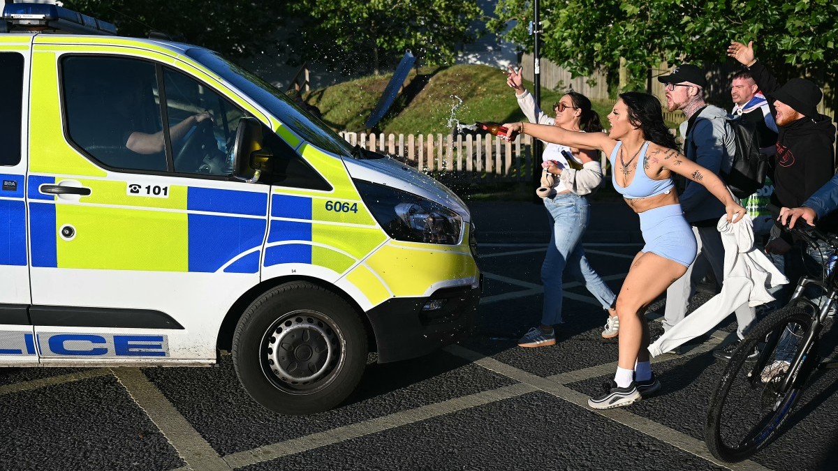 Demonstrators attack a police van following a protest march in Southampton, southern England, on June 2, 2026, held in reaction to the police’s handling of the detention of victim Henry Nowak, following the conviction of his murderer Vickrum Digwa.