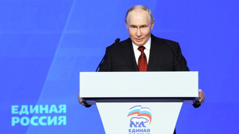 Russia’s President Vladimir Putin addresses the audience at the 23rd Congress of the United Russia party in Moscow on June 28, 2026.