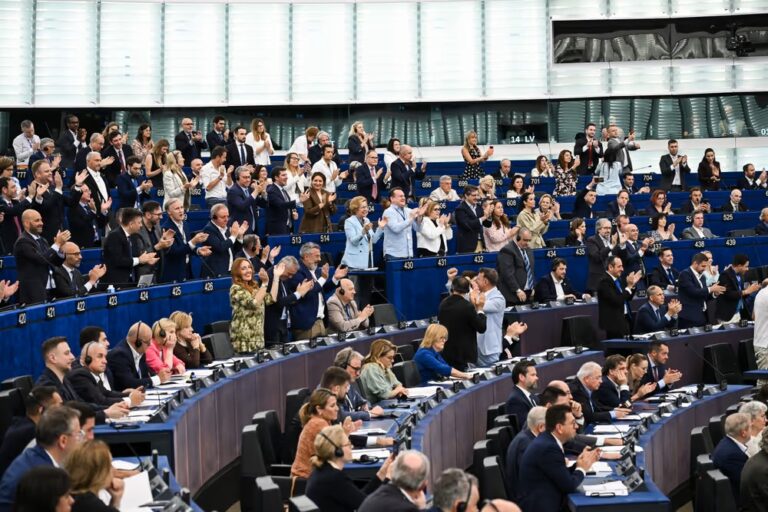 Right-wing MEPs celebrate the adoption of the Returns Regulation on June 17, 2026 in Strasbourg, France.