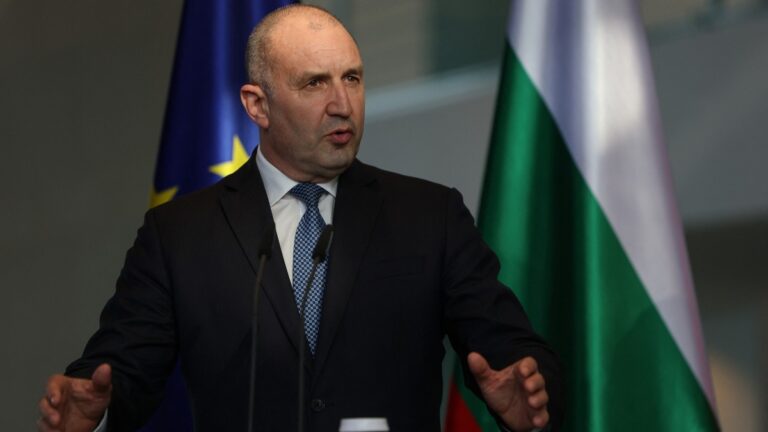 Bulgaria’s Prime Minister Roman Radev addresses a press conference after talks with his German counterpart at the Chancellery in Berlin on May 18, 2026.
