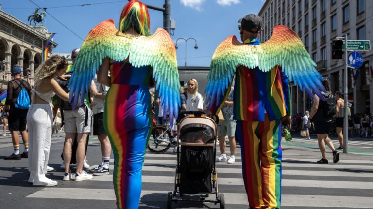 People take part in the Rainbow Pride parade, as part of the Vienna Pride festival in Vienna, Austria, on June 8, 2024.