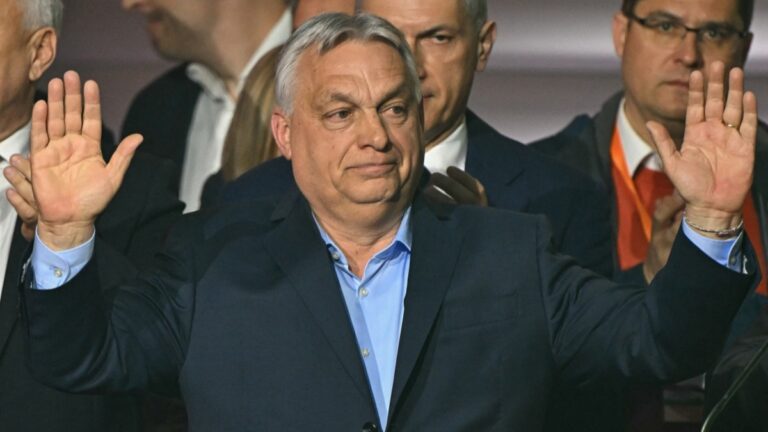Hungary’s Prime Minister Viktor Orbán waves to supporters at the Bálna centre in Budapest on the night of the general elections on April 12, 2026.