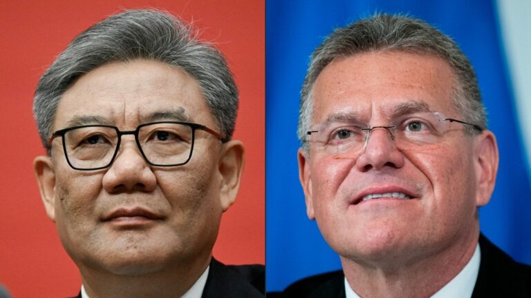 This combination of photographs shows China’s Minister of Commerce Wang Wentao (L) in Beijing on October 24, 2025 and European Union Trade Commissioner Maroš Šefčovič at the State Department in Washington, D.C., on April 24, 2026.
