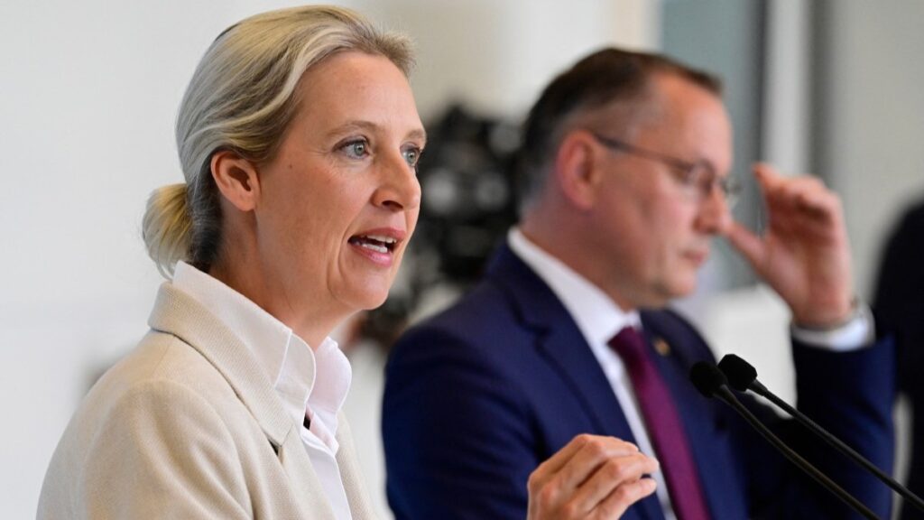 The co-leaders of Germany’s Alternative für Deutschland (AfD) party Alice Weidel (L) and Tino Chrupalla address a press conference on May 5, 2026 in Berlin, following a meeting of their party's parliamentary group.