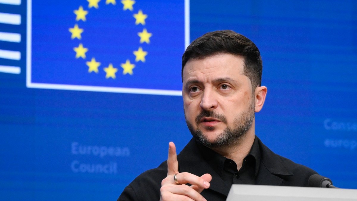 Ukraine’s President Volodymyr Zelensky speaks during a press conference as part of the European Council meeting in Brussels on December 18, 2025.