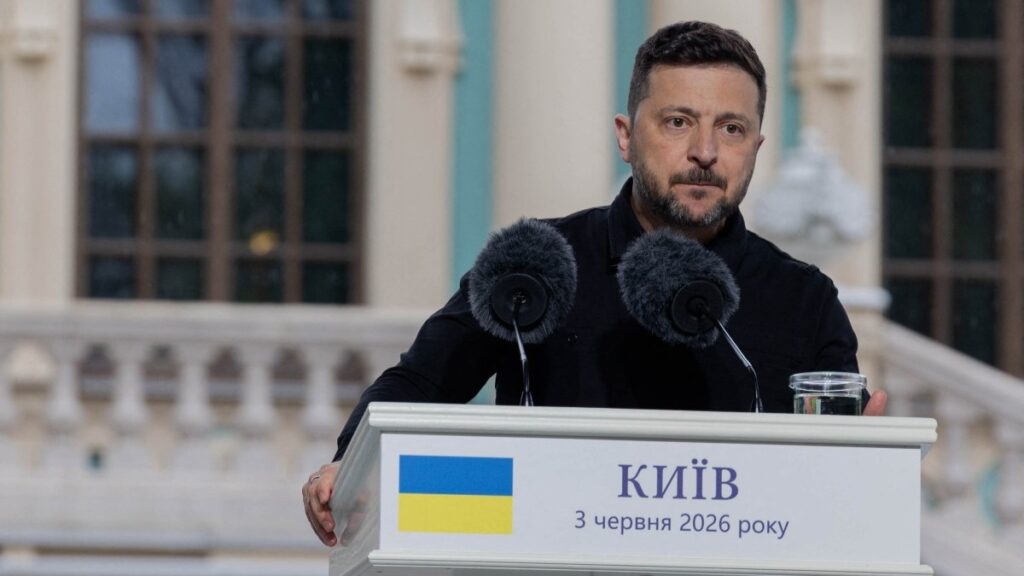 Ukraine’s President Volodymyr Zelensky addresses media representatives alongside the NATO Secretary General as they attend a press conference in Kyiv on June 3, 2026.