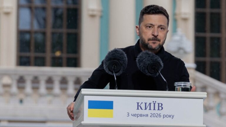 Ukraine’s President Volodymyr Zelensky addresses media representatives alongside the NATO Secretary General as they attend a press conference in Kyiv on June 3, 2026.