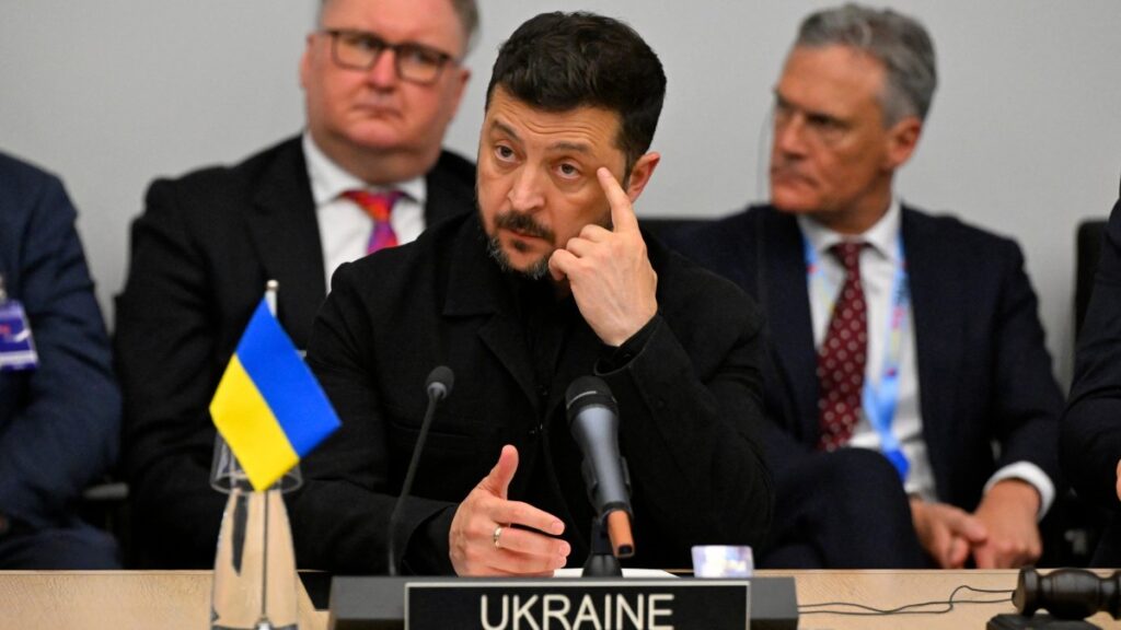 Ukraine’s President Volodymyr Zelensky takes part in a meeting of the Ukraine Defence Contact Group on the sidelines of a NATO Defence Ministers meeting at the NATO headquarters, in Brussels, on June 18, 2026.