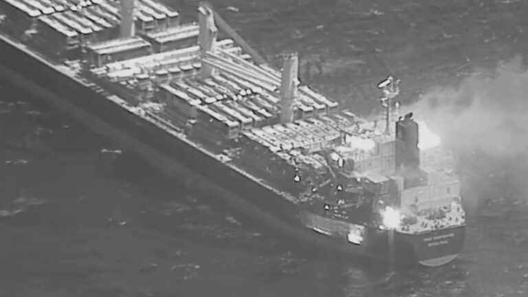 Houthi-fired ballistic missile striking the MV True Confidence bulk carrier in the Gulf of Aden on March 6, 2024
