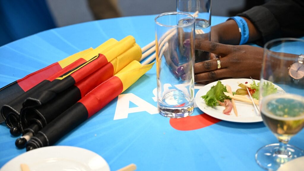 Snack leftovers and rolled German flags seen on a table during the Electoral evening of the Alternative für Deutschland (AfD) after the European Parliament elections in Berlin, on June 9, 2024.
