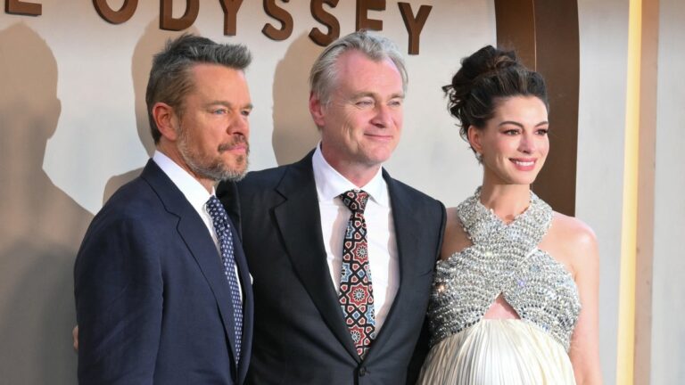 U.S. actor Matt Damon (L), British-U.S. director Christopher Nolan (C) and U.S. actress Anne Hathaway (R) attend The Odyssey premiere at the AMC Lincoln Square in New York on July 14, 2026.