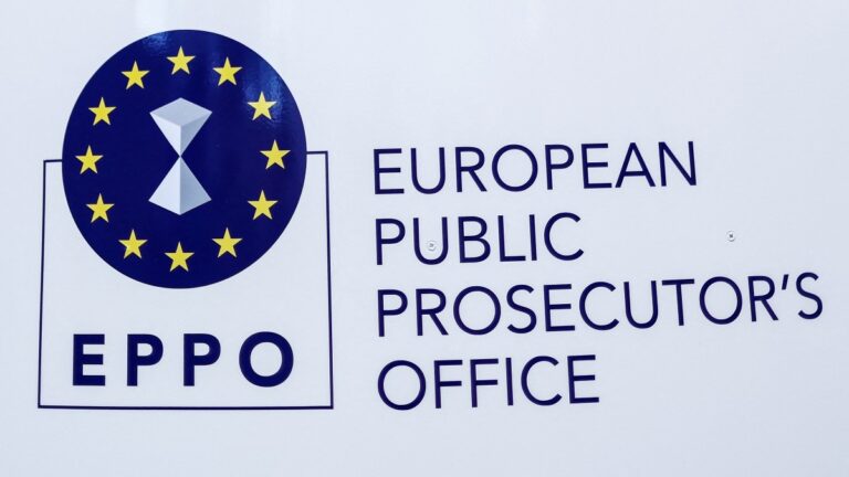 The logo of the European Public Prosecutors’ Office (EPPO) at the EPPO headquarters in Luxembourg, on June 1, 2021