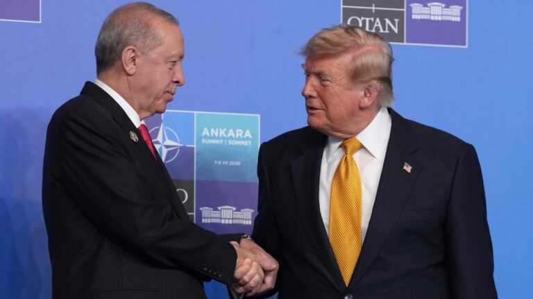 Turkey’s President Recep Tayyip Erdoğan greets U.S. President Donald Trump as he arrives for the NATO Summit at Bestepe Presidential Compound in Ankara, Turkey, July 8, 2026.