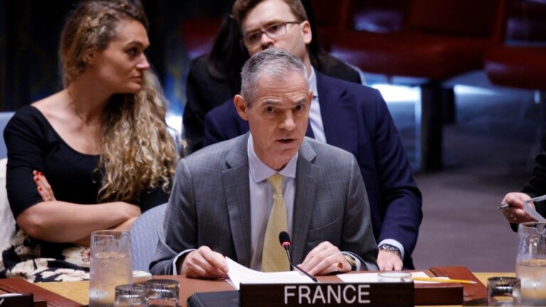 France’s UN Ambassador Jérôme Bonnafont speaks as the United Nations Security Council holds an emergency meeting on the Ukraine-Russia war at UN Headquarters in New York, on July 27, 2026.