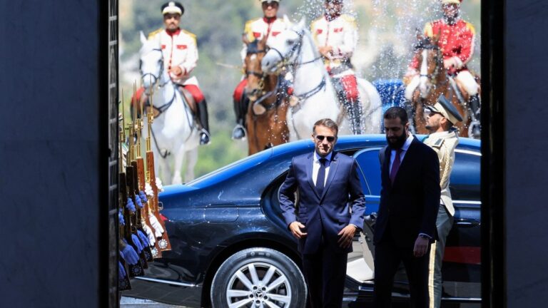 France’s President Emmanuel Macron (L) and Syria’s President Ahmed al-Sharaa arrive ahead of their meeting at the People's Palace in Damascus on July 7, 2026.