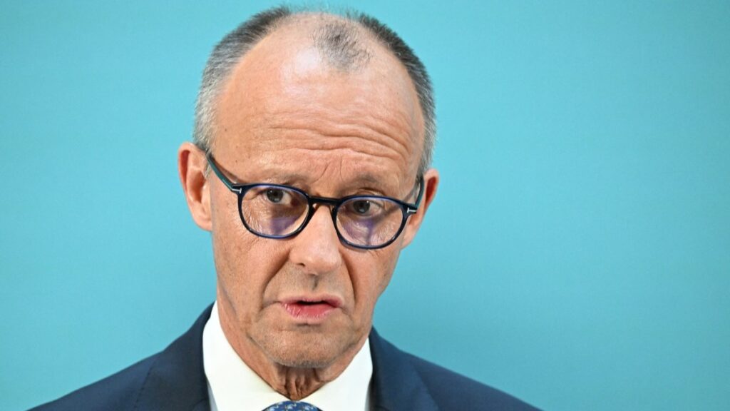 German Chancellor and leader of Germany’s Christian Democratic Union (CDU) Friedrich Merz and the newly elected CDU parliamentary group leader (not seen) talk to the press on July 29, 2026 in Berlin.