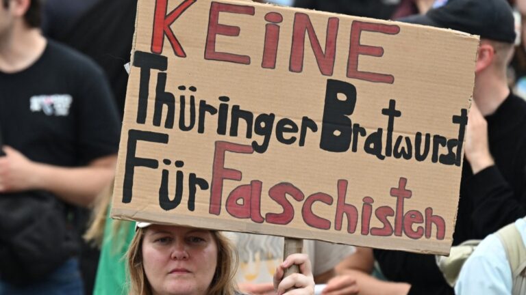 A protester holds a sign reading “No Thuringian sausage for fascists” in Erfurt, eastern Germany on July 4, 2026, where the party congress of far-right Alternative for Germany (AfD) is held.