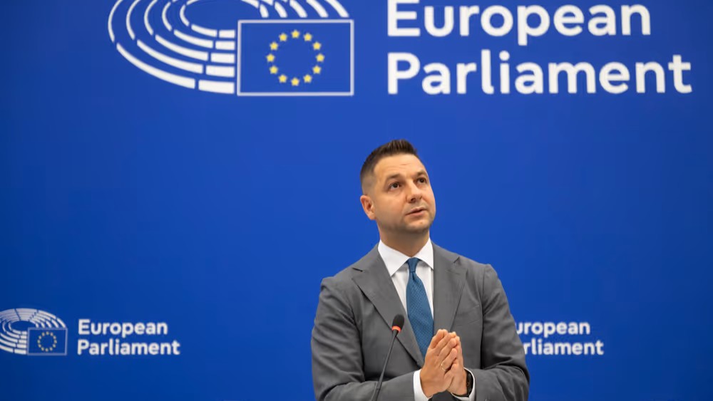 ECR Co-Chair Martin Jaky (PiS/ECR) holds a press briefing on July 7, 2026