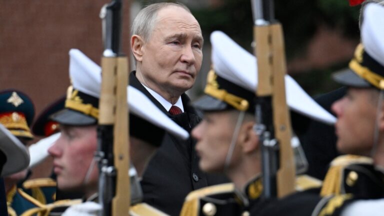 Russian President Vladimir Putin attends a ceremony to lay flowers at the Tomb of the Unknown Soldier by the Kremlin wall in central Moscow on May 9, 2026.