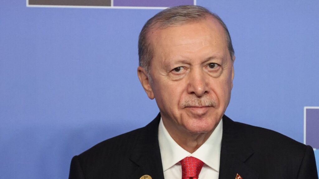 Turkey’s President Recep Tayyip Erdoğan reacts as he greets guests for the NATO summit in Ankara, on July 8, 2026.