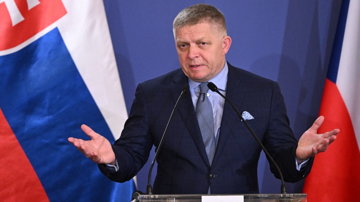 Slovakia’s Prime Minister Robert Fico speaks at a press conference after a meeting of the Visegrad Group (V4) in the Royal Castle of Gödöllő, Hungary, on June 23, 2026.