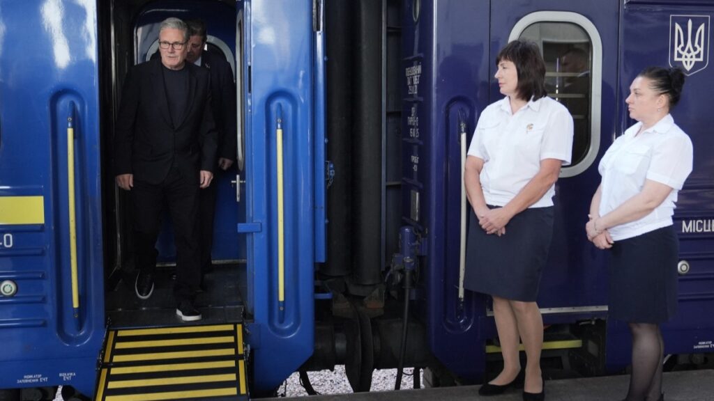 Britain’s Prime Minister Keir Starmer (L) arrives at the train station in Kyiv, on July 16, 2026, for his final visit to Ukraine before leaving office.