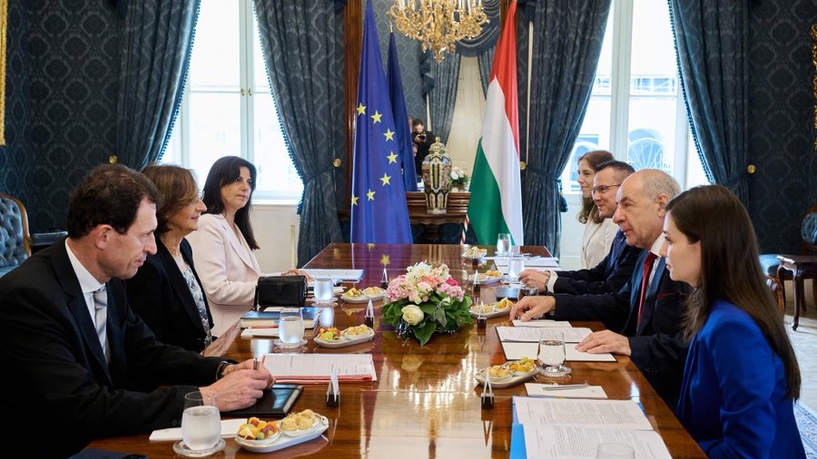 Hungary’s President Tamás Sulyok and his aides meet with the members of the Venice Commission delegation at the Sándor Palace on July 2, 2026.