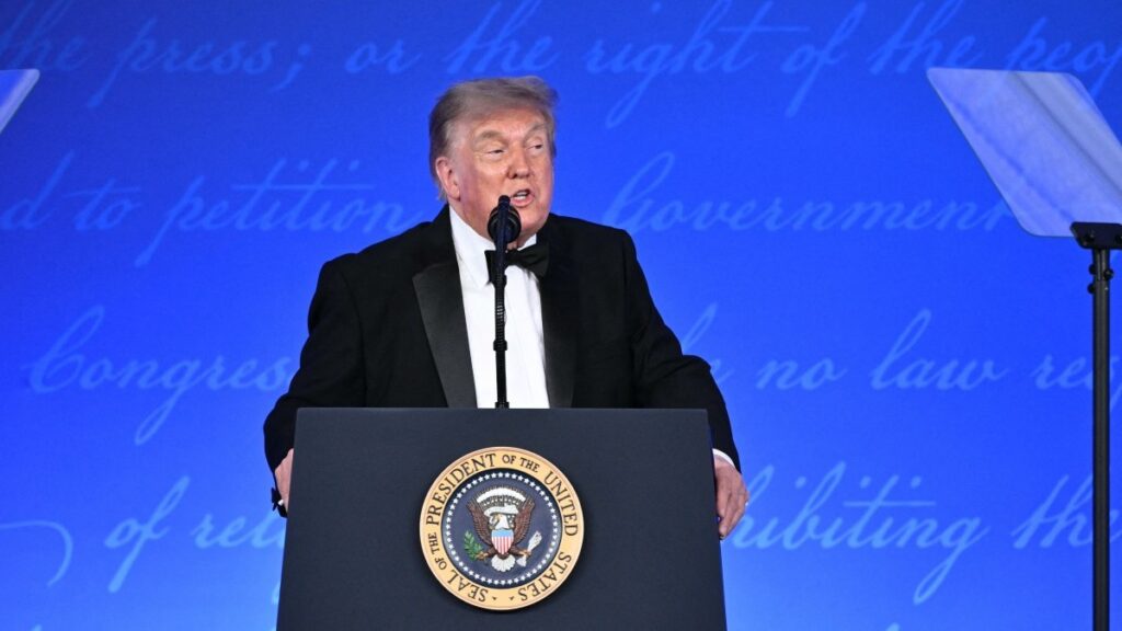 U.S. President Donald Trump speaks during the 2026 White House Correspondents' Association (WHCA) Dinner at the Waldorf Astoria in Washington, D.C., on July 24, 2026.