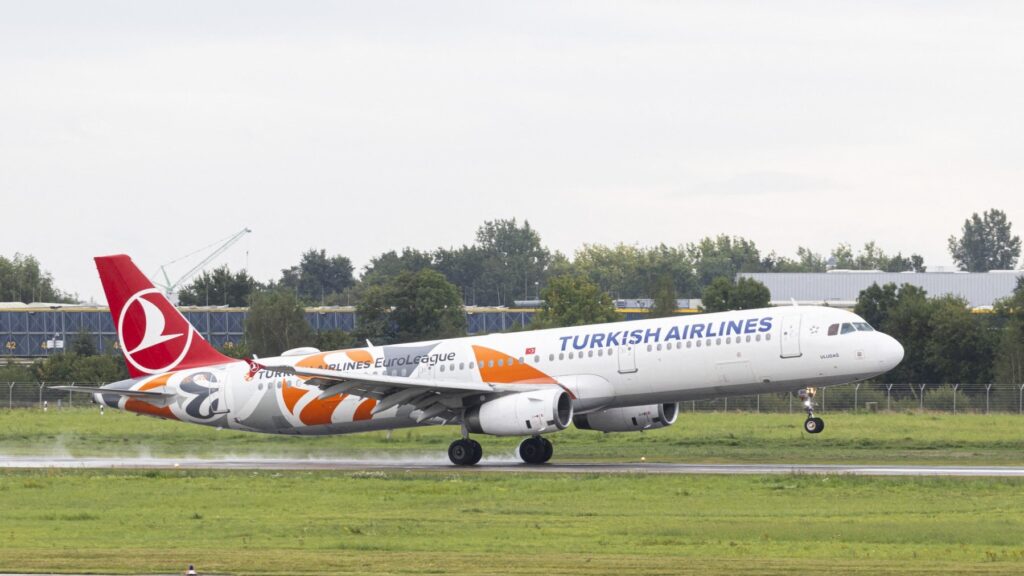 An airplane of Turkish Airlines lands at the airport in Hannover-Langenhagen, northwestern Germany, on September 1, 2025, presumably carrying onboard refugees from Afghanistan.