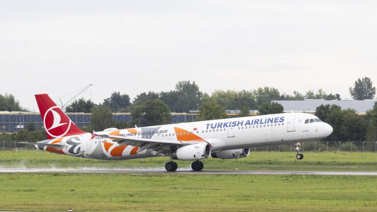An airplane of Turkish Airlines lands at the airport in Hannover-Langenhagen, northwestern Germany, on September 1, 2025, presumably carrying onboard refugees from Afghanistan.