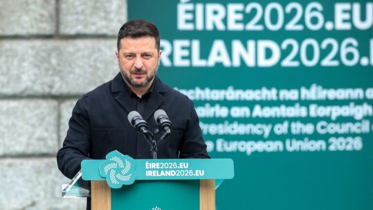 Ukraine’s President Volodymyr Zelensky speaks during a formal ceremony to mark the launch of Ireland’s eighth EU presidency, at Dublin Castle in Dublin on July 1, 2026.