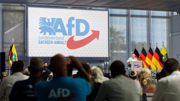 Ulrich Siegmund, AfD’s top candidate for the regional elections in Saxony-Anhalt, speaks to delegates during the state party convention in Magdeburg on July 11, 2026.