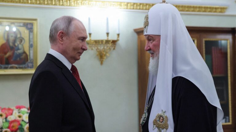 Russia’s President Vladimir Putin congratulates Russia’s Orthodox Patriarch Kirill on his name day, in Moscow on May 24, 2026.