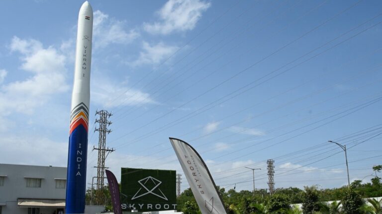 A Vikram-1 orbital rocket model displayed at Skyroot Aerospace facility on the outskirts of Hyderabad on July 7, 2026