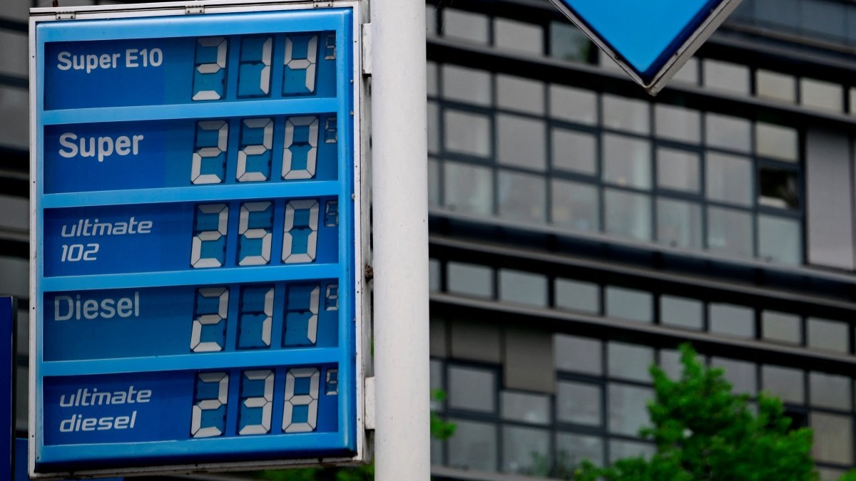 This photo taken on July 1, 2026 shows a digital display of the prices for different kinds of fuel at an Aral oil and gas station in Berlin, following an adjustment of the prices at noon after the German state's discount fuel expired.