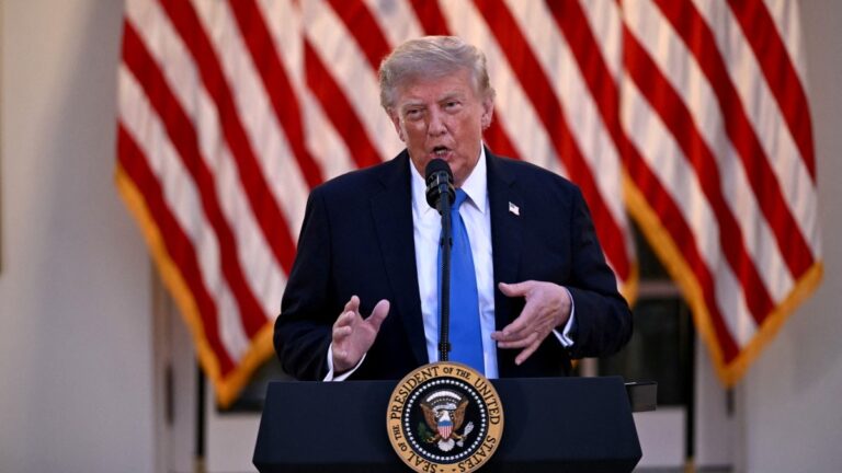 U.S. President Donald Trump speaks while hosting a Rose Garden dinner at the White House in Washington, D.C., on September 2, 2026.