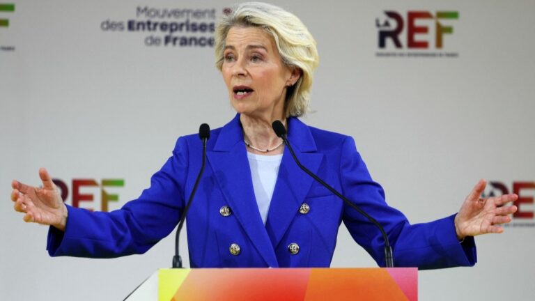 European Commission President Ursula von der Leyen gestures while addressing the audience during a special keynote session on the second day of La REF 2026 meeting of French entrepreneurs in Paris on August 27, 2026.