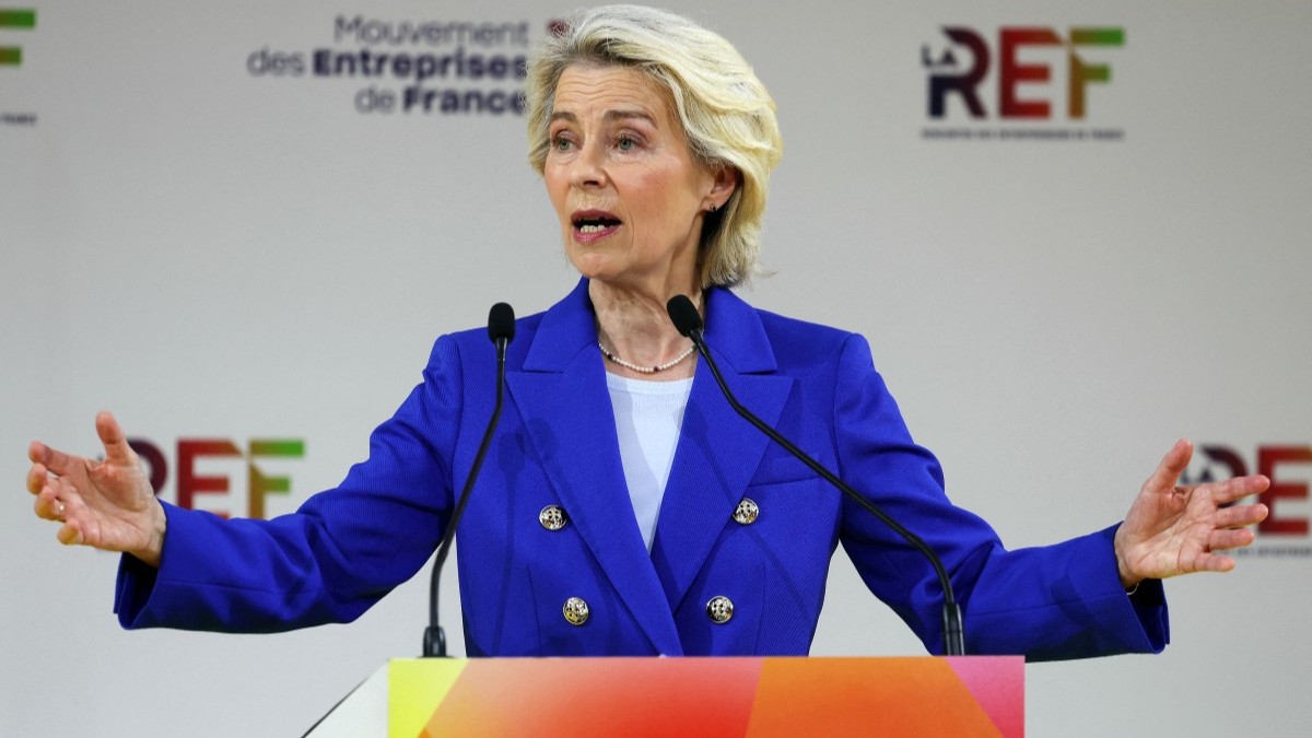 European Commission President Ursula von der Leyen gestures while addressing the audience during a special keynote session on the second day of La REF 2026 meeting of French entrepreneurs in Paris on August 27, 2026.
