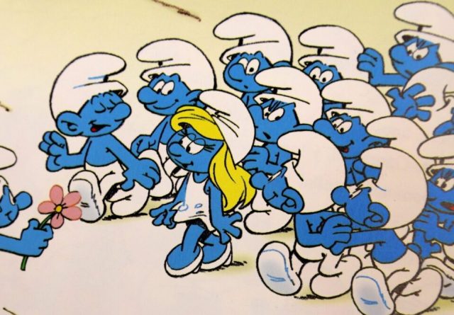 The Smurfs storybook. Characters created by Peyo. TV series. Book for children. Stories for children. Smurfette with smurfs in love. Valentine's Day. Pretty girl with many men in love.